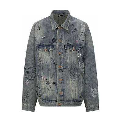 Balenciaga Washed Graffiti Print Denim Jacket Blue Loose Fit. 721708TOW664036