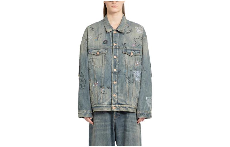 Order Balenciaga Jaket Denim Cetakan Graffiti Biru Loose Fit. 721708TOW664036