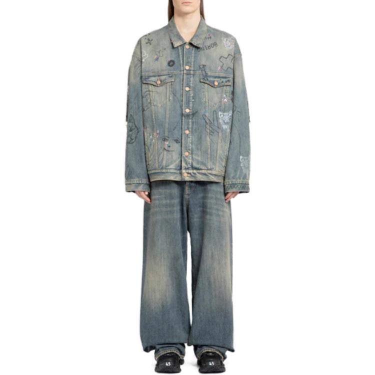 Lookbook Balenciaga Jaket Denim Cetakan Graffiti Biru Loose Fit. 721708TOW664036