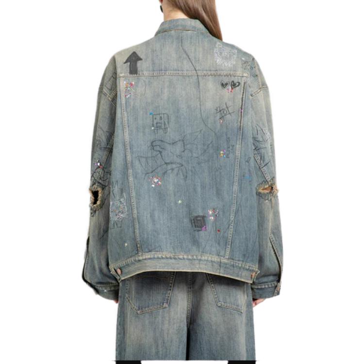 Shop Balenciaga Jaket Denim Cetakan Graffiti Biru Loose Fit. 721708TOW664036