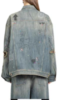 Shop Balenciaga Washed Graffiti Print Denim Jacket Blue Loose Fit. 721708TOW664036