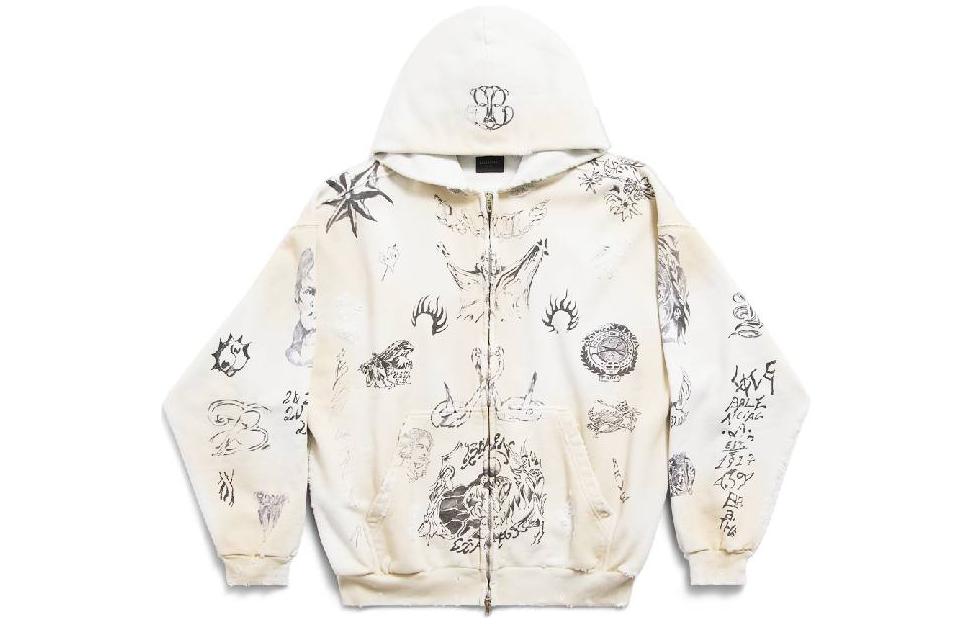 Balenciaga All-Over Print Hoodie Zip Jacket Unisex White Regular Fit. 770939TQVK13307