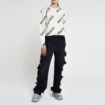 Balenciaga Allover Logo Crewneck 'Chalky White/Black' Lookbook Balenciaga Allover Logo Crewneck 'Chalky White/Black'