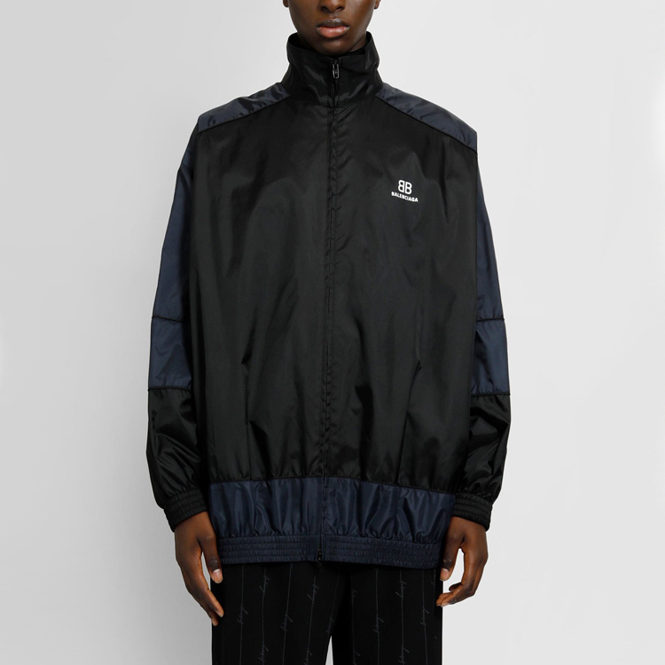Shop Balenciaga Jaket Angin Patchwork Nylon Hitam Biru 623019TIO544100