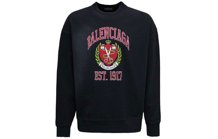 Order バレンシアガ ブラック クルーネック スウェットシャツ ロゴプリント バッジ デザイン 676629TLV901076