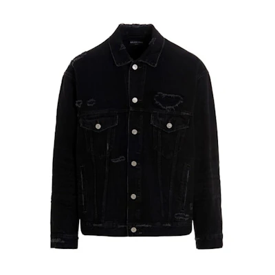 Balenciaga Black Distressed Striped Long Sleeve Denim Jacket. 664329TBP471055