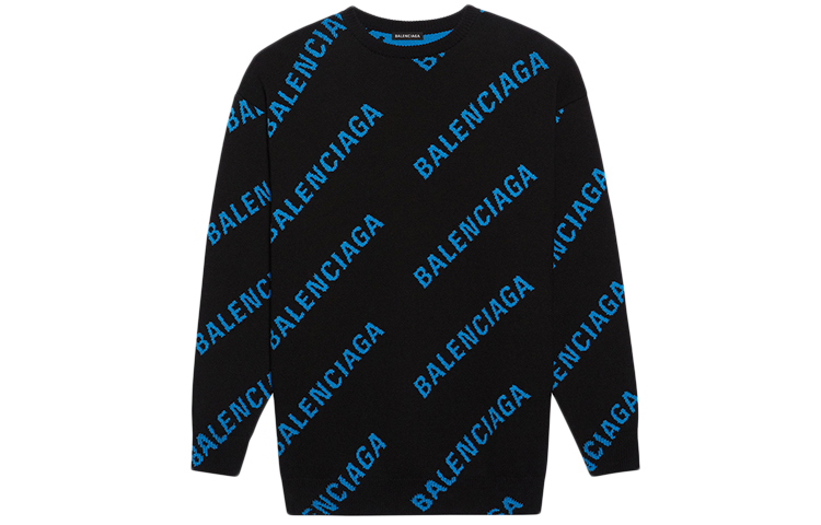 Balenciaga Black Knit Sweater with Blue Logo Print for Men 625970T31781165