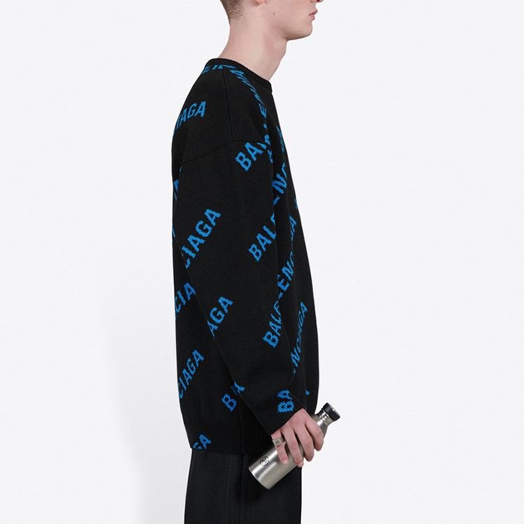 Purchase 발렌시아가 남성 블랙 니트 스웨터 블루 로고 프린트. 625970T31781165