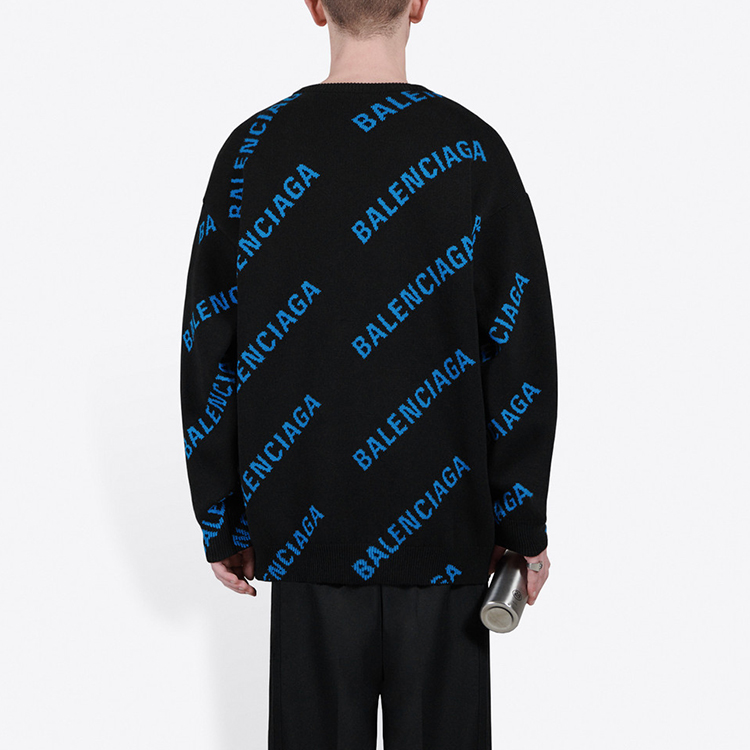 Details for 발렌시아가 남성 블랙 니트 스웨터 블루 로고 프린트. 625970T31781165