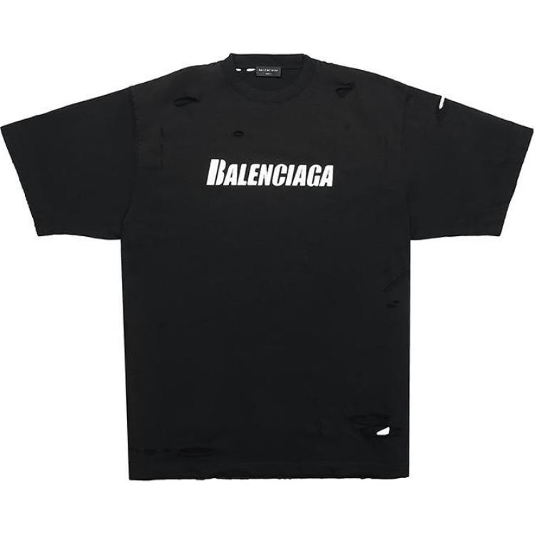 Balenciaga Black Letter Print Distressed Short Sleeve T-Shirt 651795TKVB81070