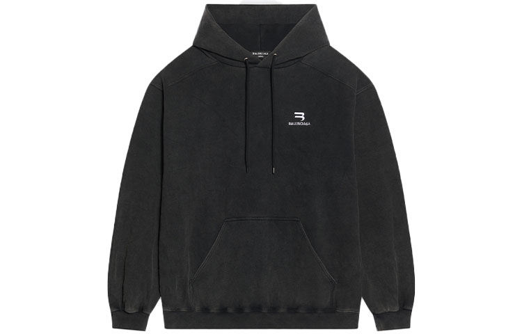 Balenciaga Black Logo Print Fleece Hoodie Loose Fit. 600583TLVA11070