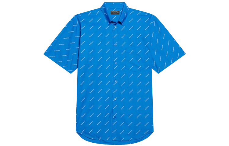 Order Balenciaga Blue Cotton Poplin Straight-Fit Short-Sleeve Shirt with Logo. 534332TBL967560