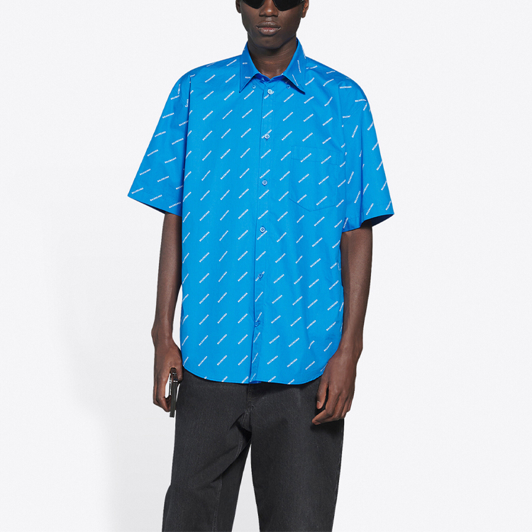 Shop Balenciaga Blue Cotton Poplin Straight-Fit Short-Sleeve Shirt with Logo. 534332TBL967560