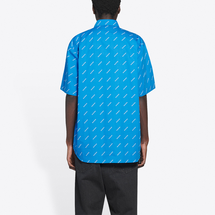 Purchase Balenciaga Blue Cotton Poplin Straight-Fit Short-Sleeve Shirt with Logo. 534332TBL967560