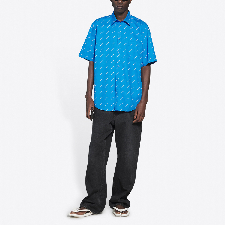 Sizing Balenciaga Blue Cotton Poplin Straight-Fit Short-Sleeve Shirt with Logo. 534332TBL967560