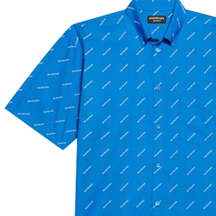 Cheap Balenciaga Blue Cotton Poplin Straight-Fit Short-Sleeve Shirt with Logo. 534332TBL967560
