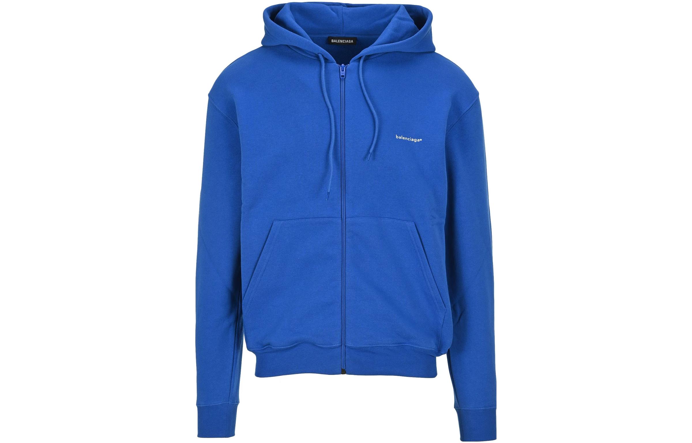 Balenciaga Blue Solid Logo Print Hooded Zip-Up Jacket 556146THV778077