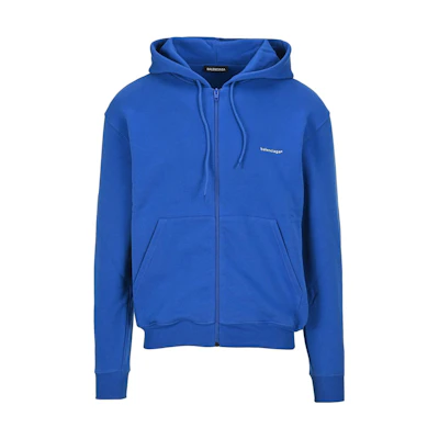 Balenciaga Blue Solid Logo Print Hooded Zip-Up Jacket 556146THV778077
