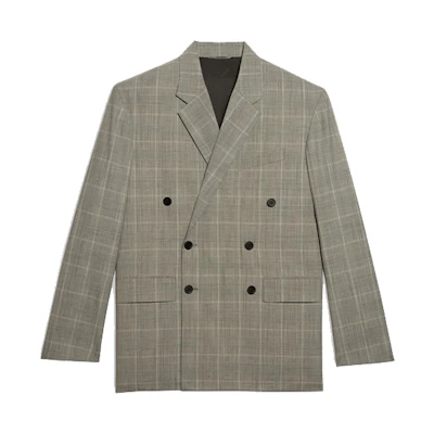 Balenciaga Boxy Wool Stretch Plaid Double-Breasted Blazer Jacket Black 623559TIT101070