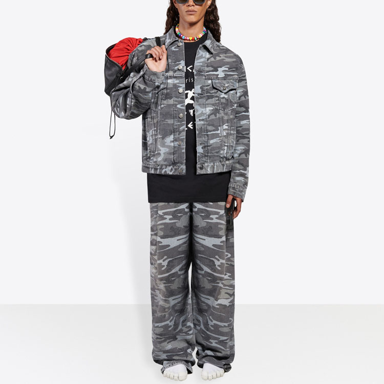 Shop Balenciaga Camo Print Denim Jacket - Gray 620731TJW551055