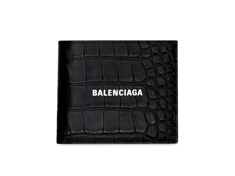 Balenciaga Cash Square Folded Coin Wallet Crocodile Embossed Black