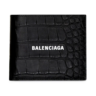 Balenciaga Cash Square Folded Coin Wallet Crocodile Embossed Black