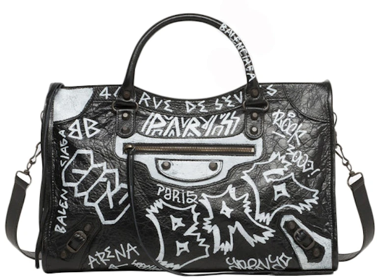 balenciaga-classic-city-graffiti-medium-black-white