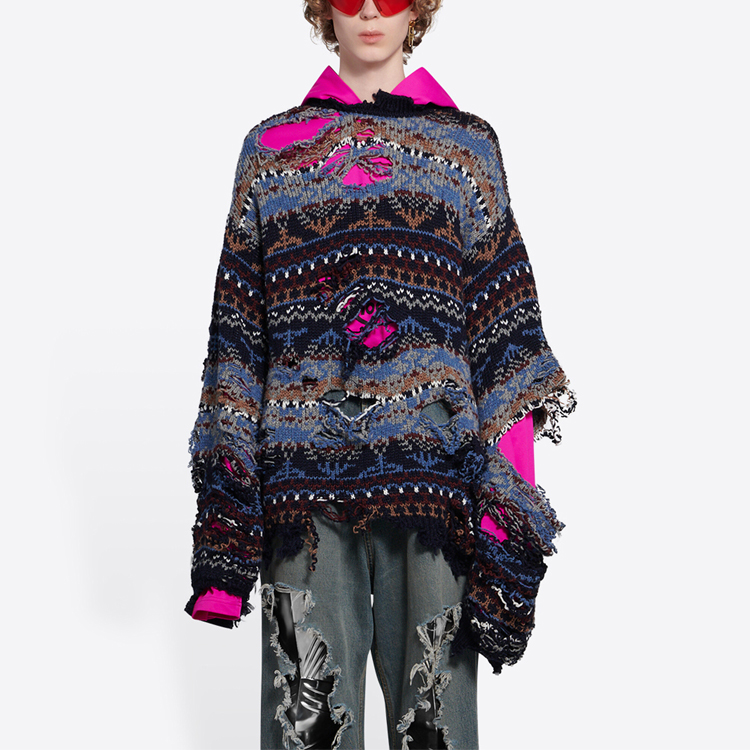 Shop Balenciaga Distressed Crewneck Long-Sleeve Sweater Unisex Blue Loose Fit. 662518T16028088