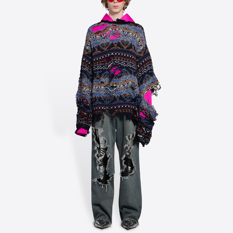 Purchase Balenciaga Distressed Crewneck Long-Sleeve Sweater Unisex Blue Loose Fit. 662518T16028088