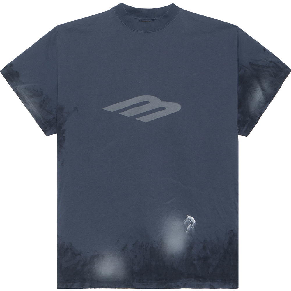 Balenciaga Distressed Logo Print Relaxed Fit Unisex T-Shirt in Navy Blue. 787349TQVU44042
