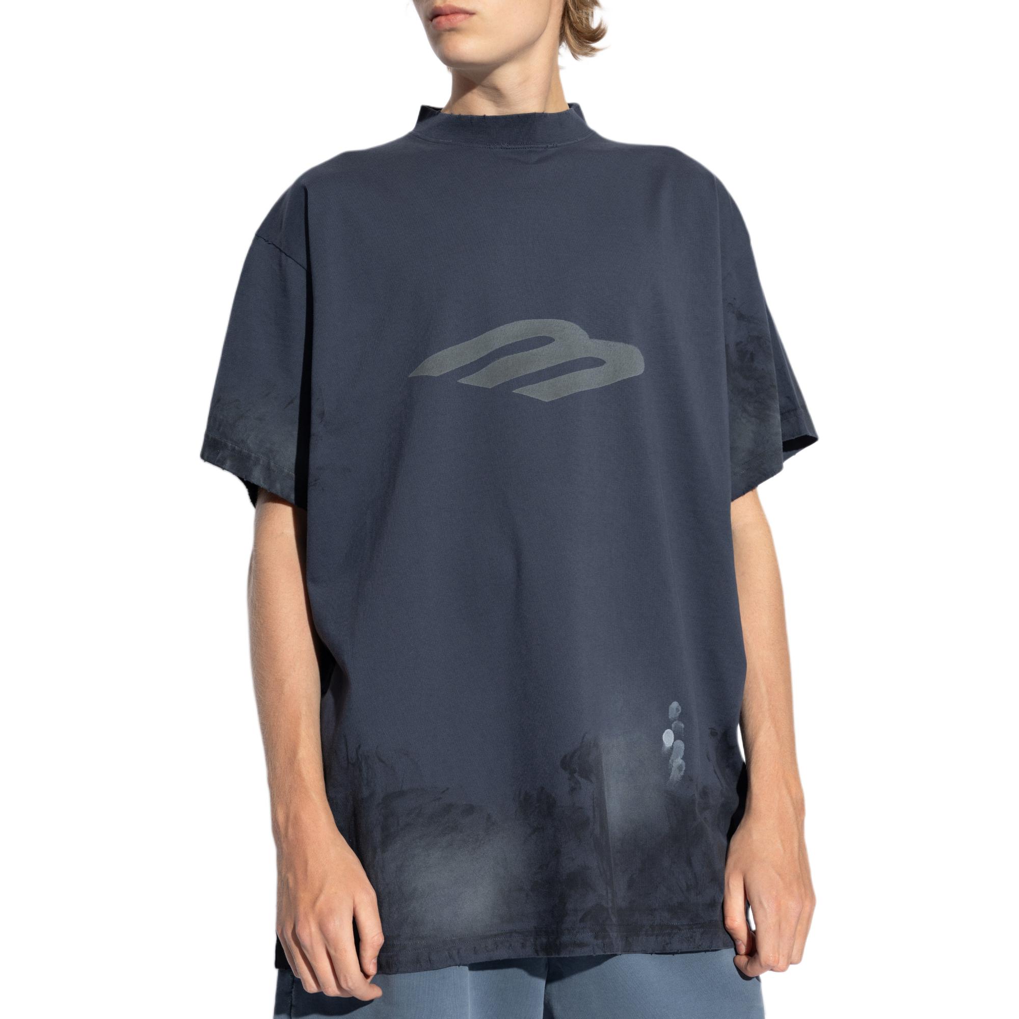 Balenciaga Distressed Logo Print Relaxed Fit Unisex T-Shirt in Navy Blue. 787349TQVU44042 圖 6