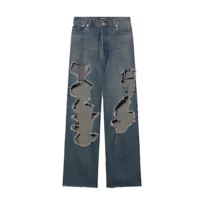 Balenciaga Distressed Straight-Leg Mid-Rise Blue Denim Jeans. 664265TJW572500