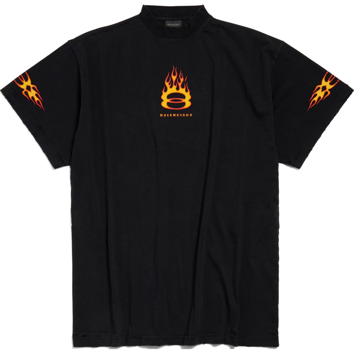Balenciaga Double Flame Logo Oversized Black T-Shirt SS24 Unisex Casual Tee. 787349TQVW71134