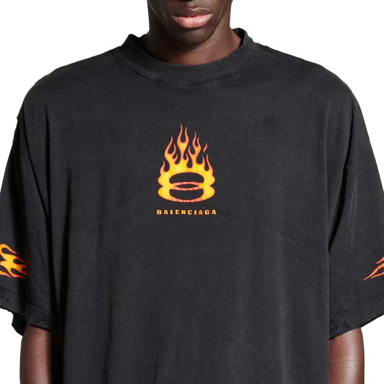 Sizing Camiseta Oversized Negra Balenciaga Double Flame Logo SS24 Unisex Casual. 787349TQVW71134