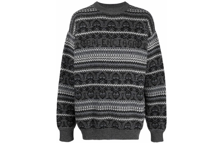 Balenciaga Fair Isle Knit Pullover Crewneck Sweater Grey . 675280T16121240
