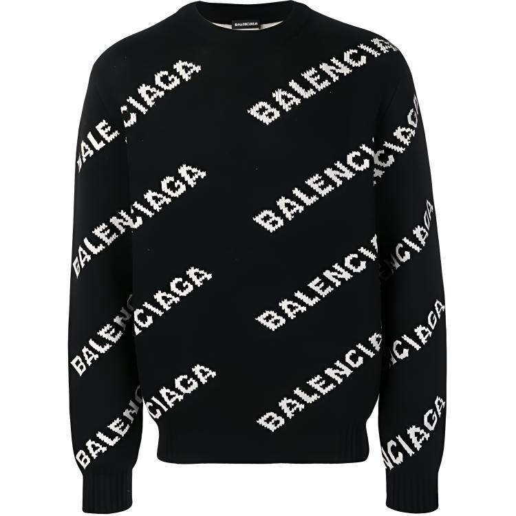 Balenciaga Full Print Logo Jacquard Knit Wool Sweater Black 555481t14711070