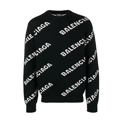Balenciaga Full Print Logo Jacquard Knit Wool Sweater Black 555481t14711070