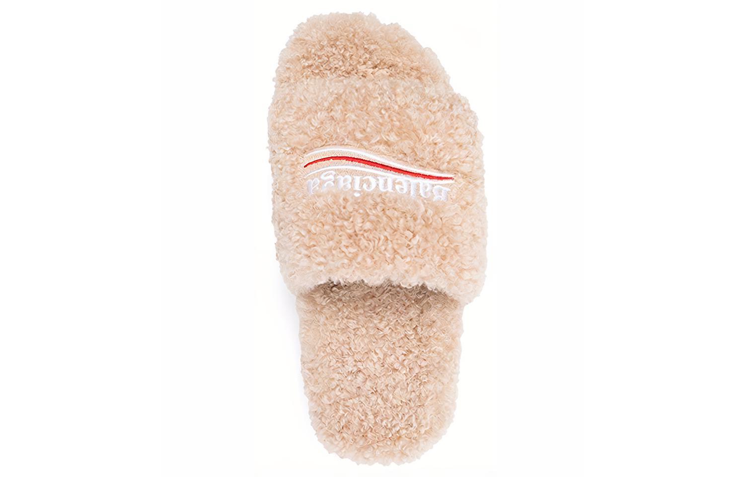 Shop 巴黎世家 刺繡毛絨拖鞋 米色