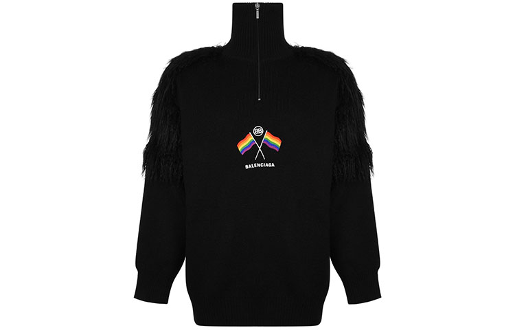 Balenciaga FW21 Black Half-Zip Wool Knit Sweater with Logo Embroidery. 543766T17621069