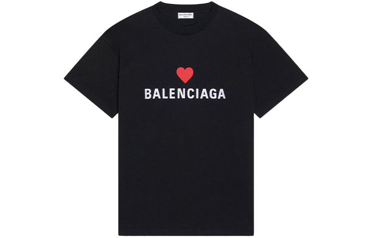 Balenciaga FW21 Black Logo Heart Embroidery Crewneck T-Shirt. 612965TLVC31070