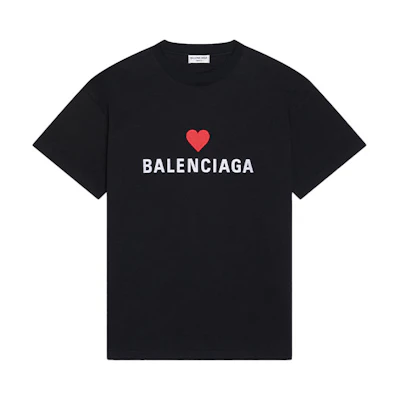 Balenciaga FW21 Black Logo Heart Embroidery Crewneck T-Shirt. 612965TLVC31070