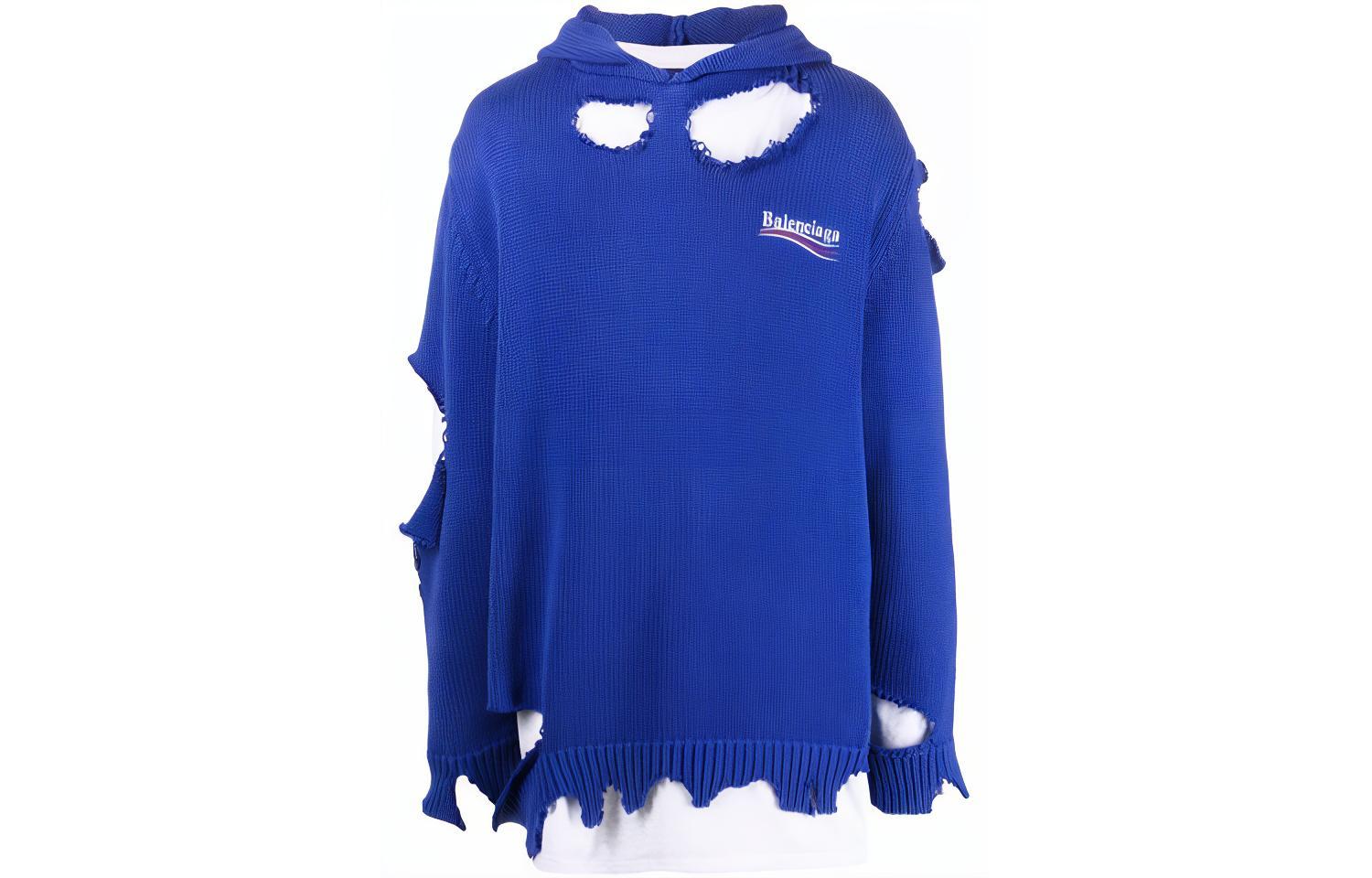 Balenciaga FW21 Classic Logo Distressed Embroidered Hoodie Unisex Blue. 662718T32124691