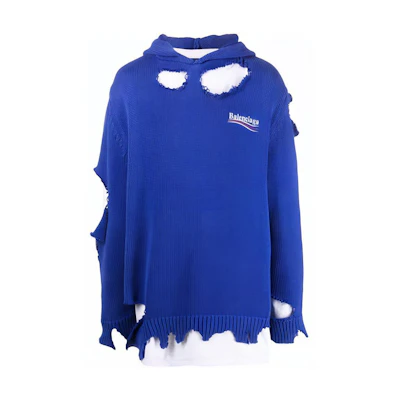 Balenciaga FW21 Classic Logo Distressed Embroidered Hoodie Unisex Blue. 662718T32124691
