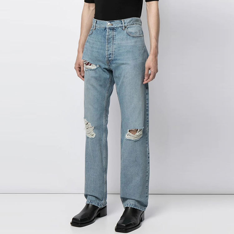 Shop Balenciaga FW21 破壞風直筒牛仔褲 男款藍色丹寧 662893TBP488961