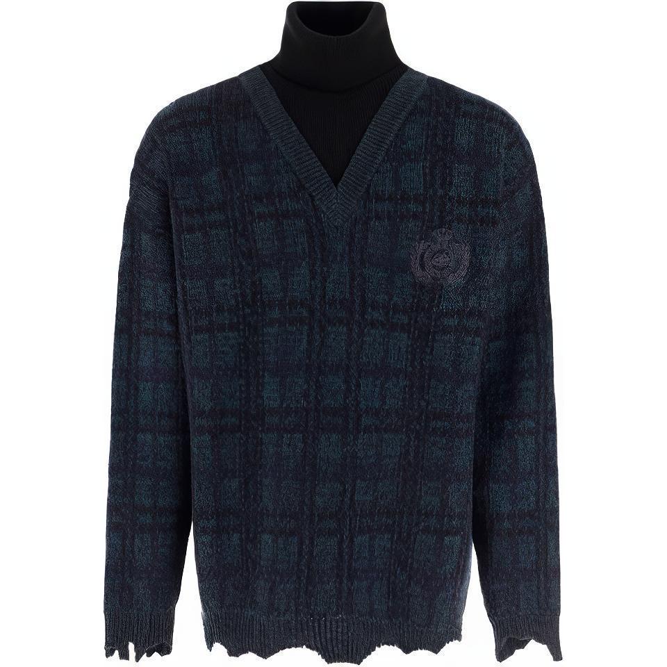 Balenciaga FW21 Distressed Layered Turtleneck Wool Sweater Black Green 662520T16083769