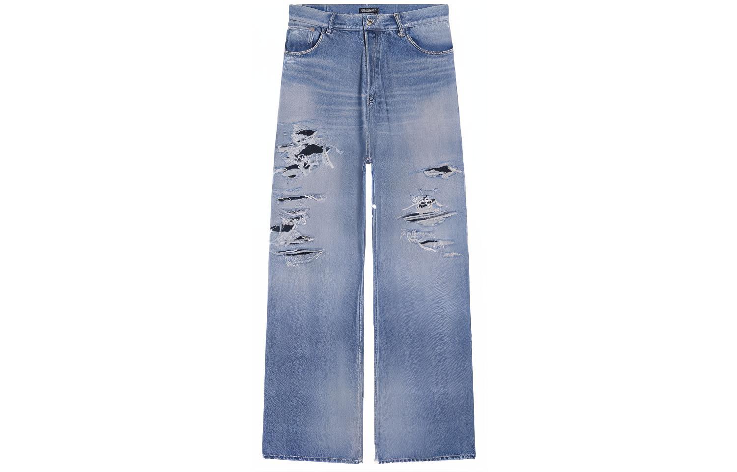 Balenciaga FW21 Distressed Relaxed Fit Denim Jeans Blue Casual Style. 675336TLV864011