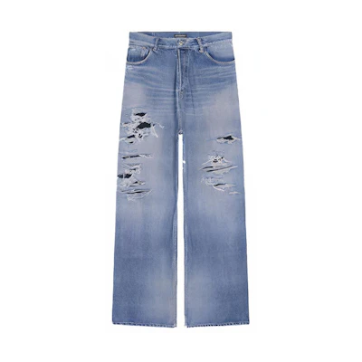 Balenciaga FW21 Distressed Relaxed Fit Denim Jeans Blue Casual Style. 675336TLV864011