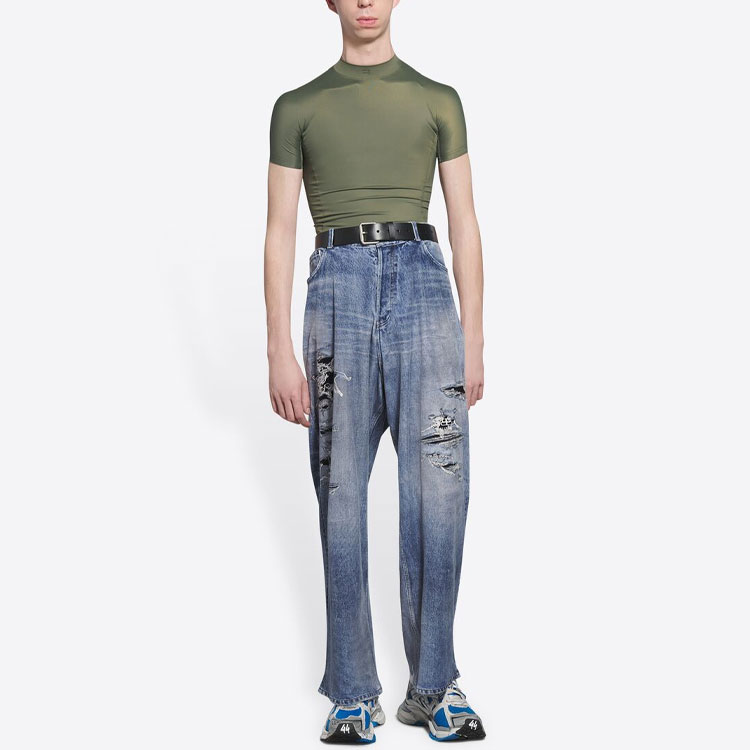 Shop 巴黎世家 FW21 復古休閒藍色破壞牛仔褲 寬鬆時尚款式 675336TLV864011