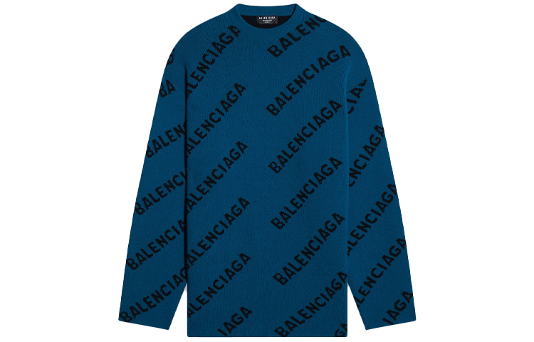 Balenciaga FW21 Logo Crewneck Wool Sweater Loose Fit Knit Blue . 657400T15672470