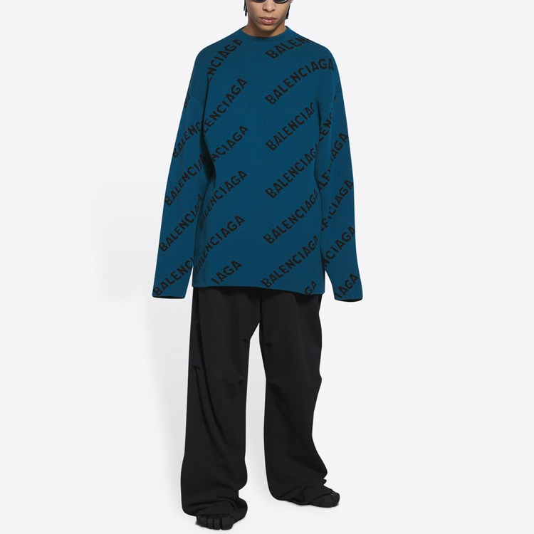 Shop 발렌시아가 FW21 로고 크루넥 울 스웨터 루즈핏 니트 블루. 657400T15672470